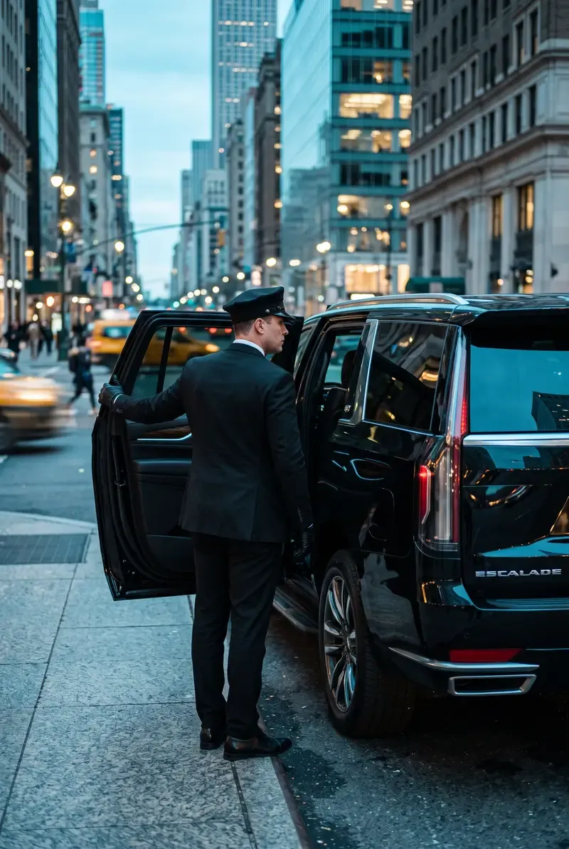 Chauffeur holding open the rear door of a black Cadillac Escalade at dusk