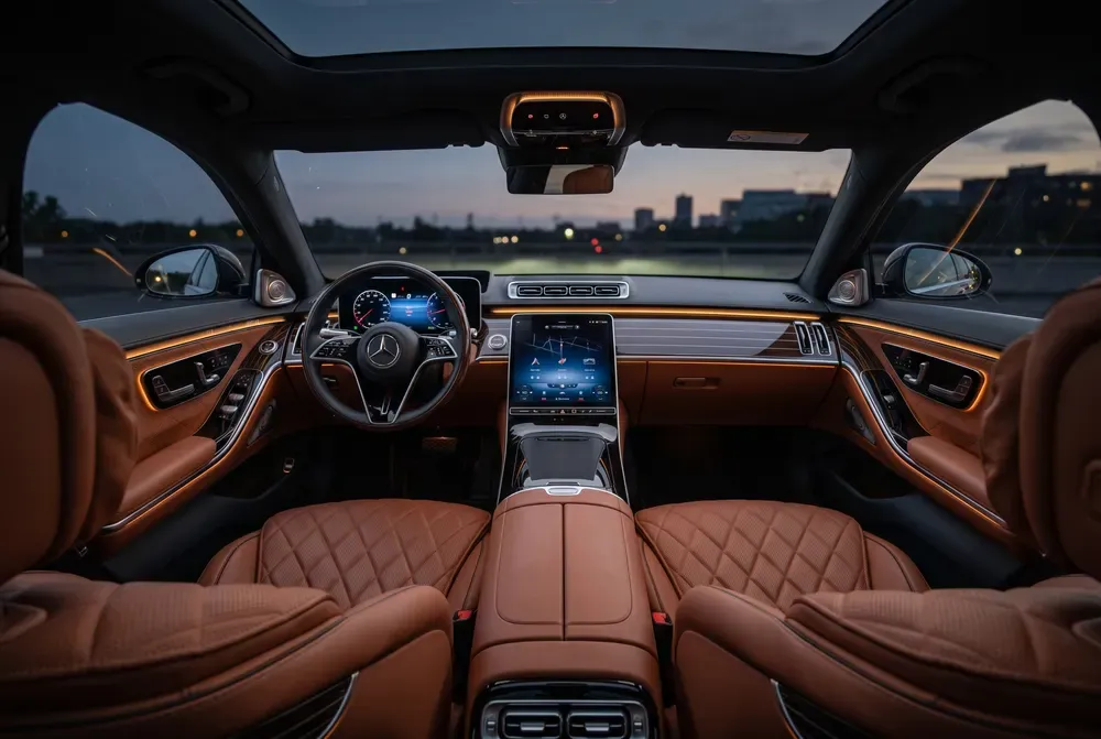 Brown leather interior of a Mercedes-Benz S-Class