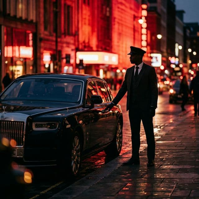 Professional chauffeur standing beside vehicle