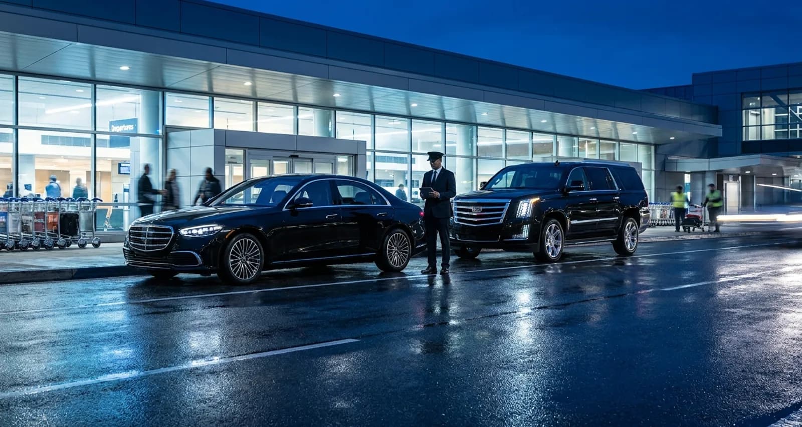 Chauffeur fleet of a Mercedes S-Class and Cadillac Escalade at a New York area airport
