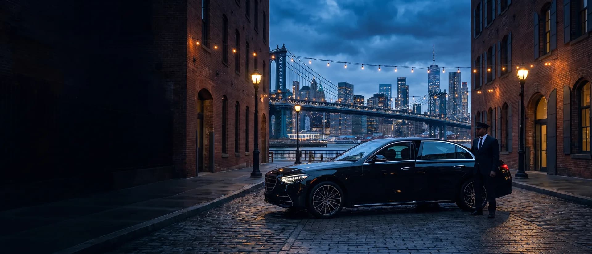 Chauffeured Mercedes S-Class in DUMBO, Brooklyn, with the Manhattan Bridge and skyline behind it