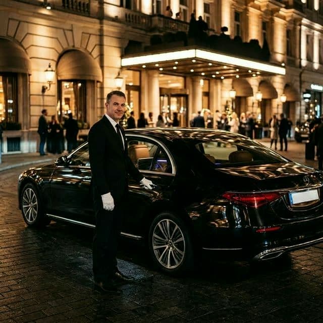 Chauffeur in a suit waiting to greet an arriving passenger beside a black sedan