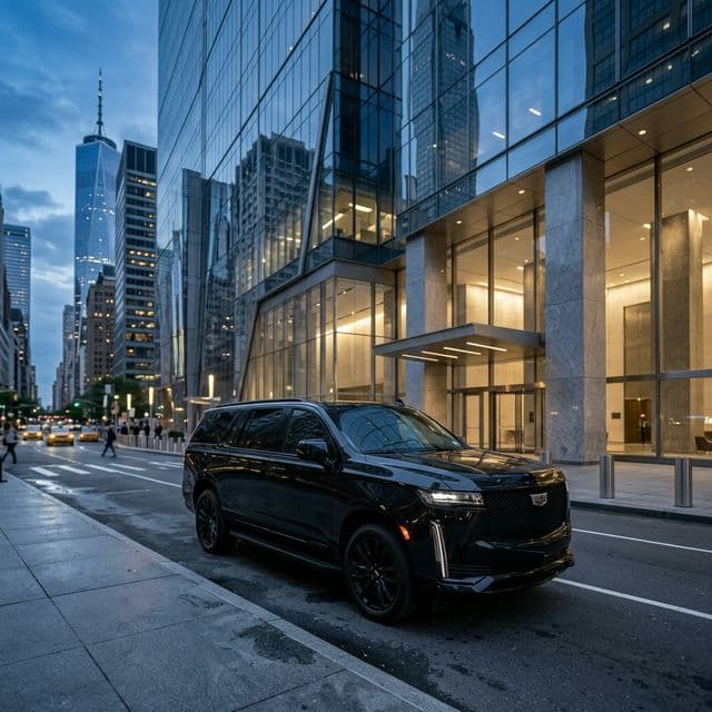 Black Cadillac Escalade ESV parked outside Financial District office tower