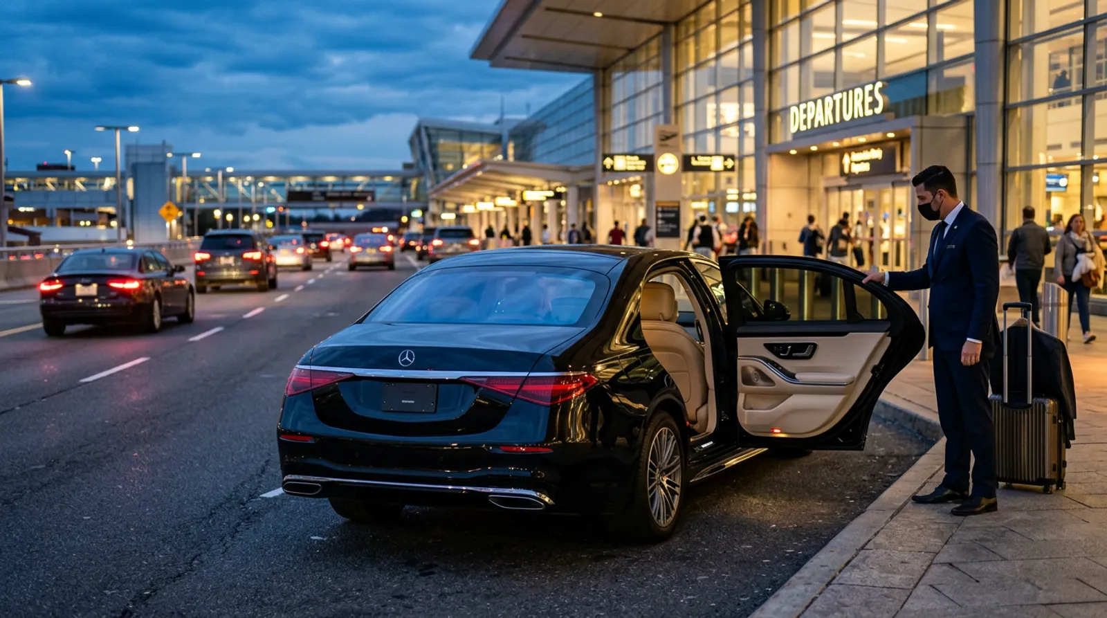 Black Mercedes S-Class with chauffeur at the Newark Liberty terminal departures curb at blue hour