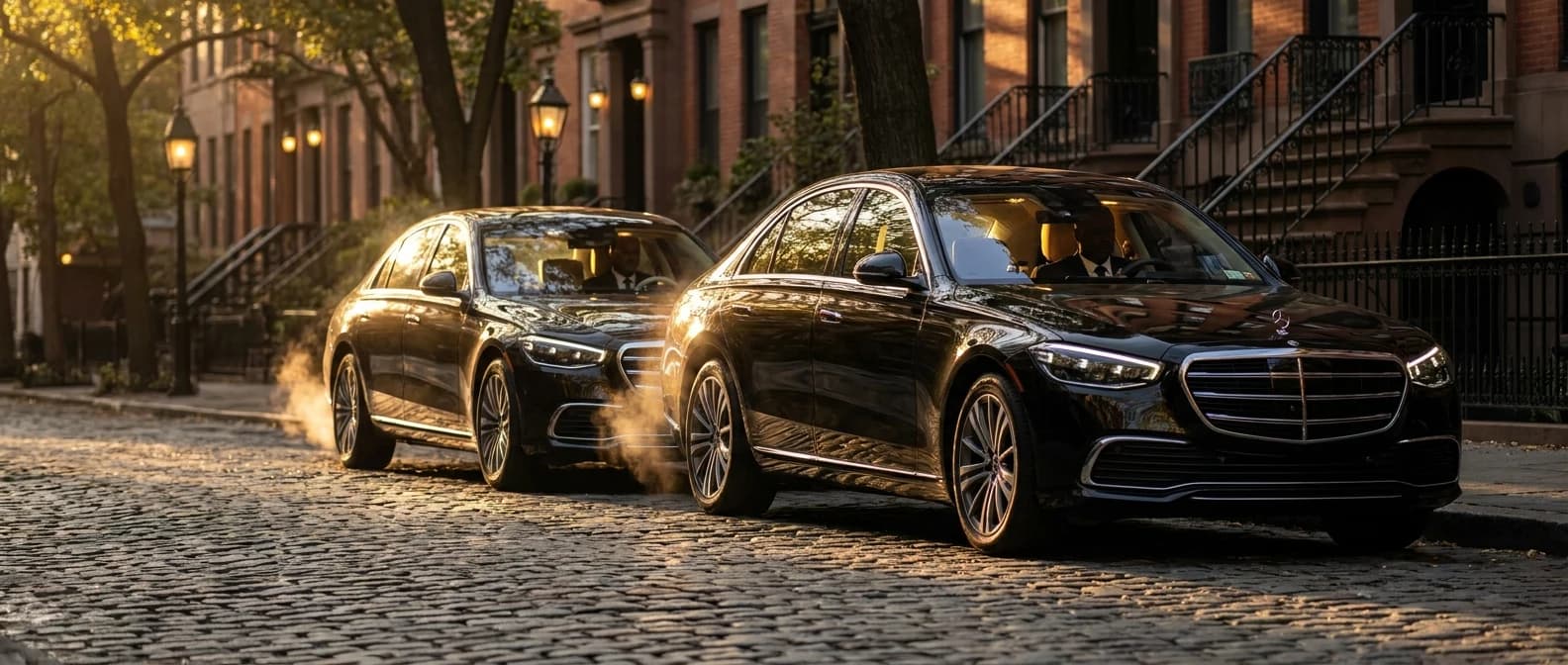 Two black Mercedes-Benz S-Class sedans idling curbside on a Manhattan street at golden hour, chauffeurs waiting at the wheel between hourly bookings