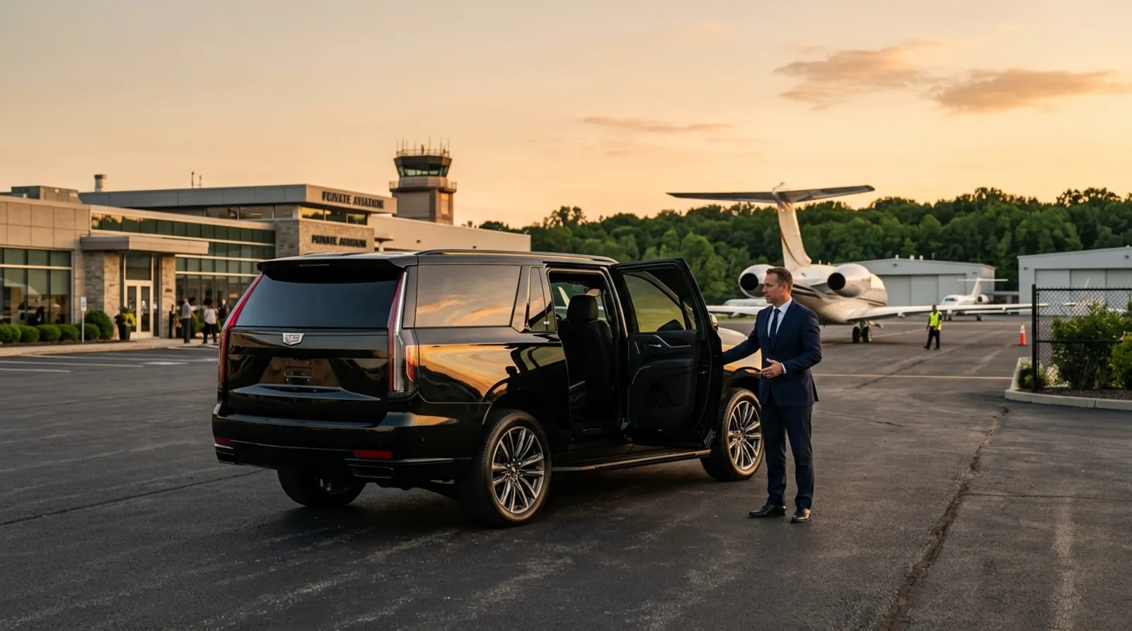 Black Cadillac Escalade with chauffeur at a Westchester County Airport private-aviation FBO ramp at golden hour