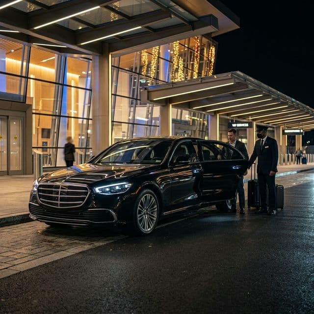 Professional black car waiting curbside at JFK Airport terminal