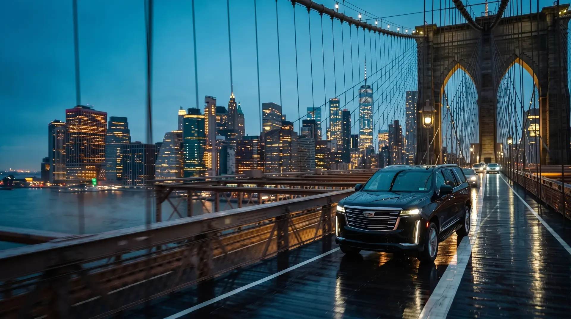 Black Cadillac Escalade ESV crossing the Brooklyn Bridge toward the Manhattan skyline at dusk