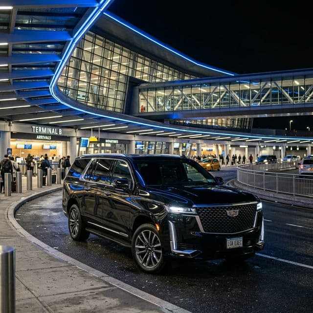 Professional black Cadillac Escalade car service at LaGuardia Airport Terminal B