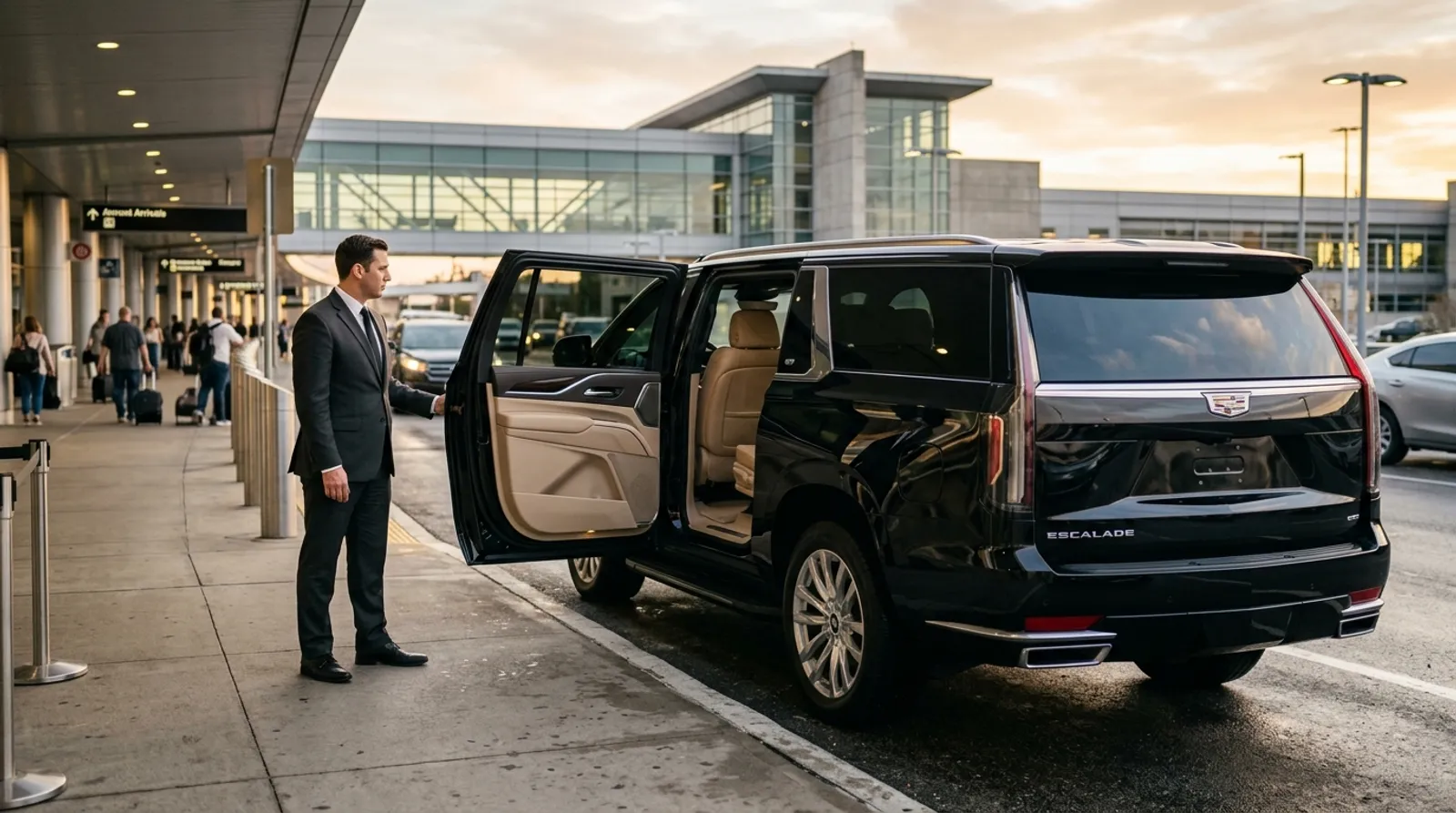 Black Cadillac Escalade with chauffeur at the Philadelphia International Airport terminal at golden hour