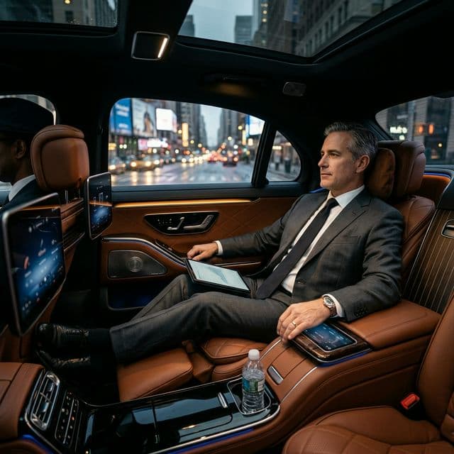 Fortune 500 executive client relaxing in the back of a black Mercedes S-Class with rear TV screens