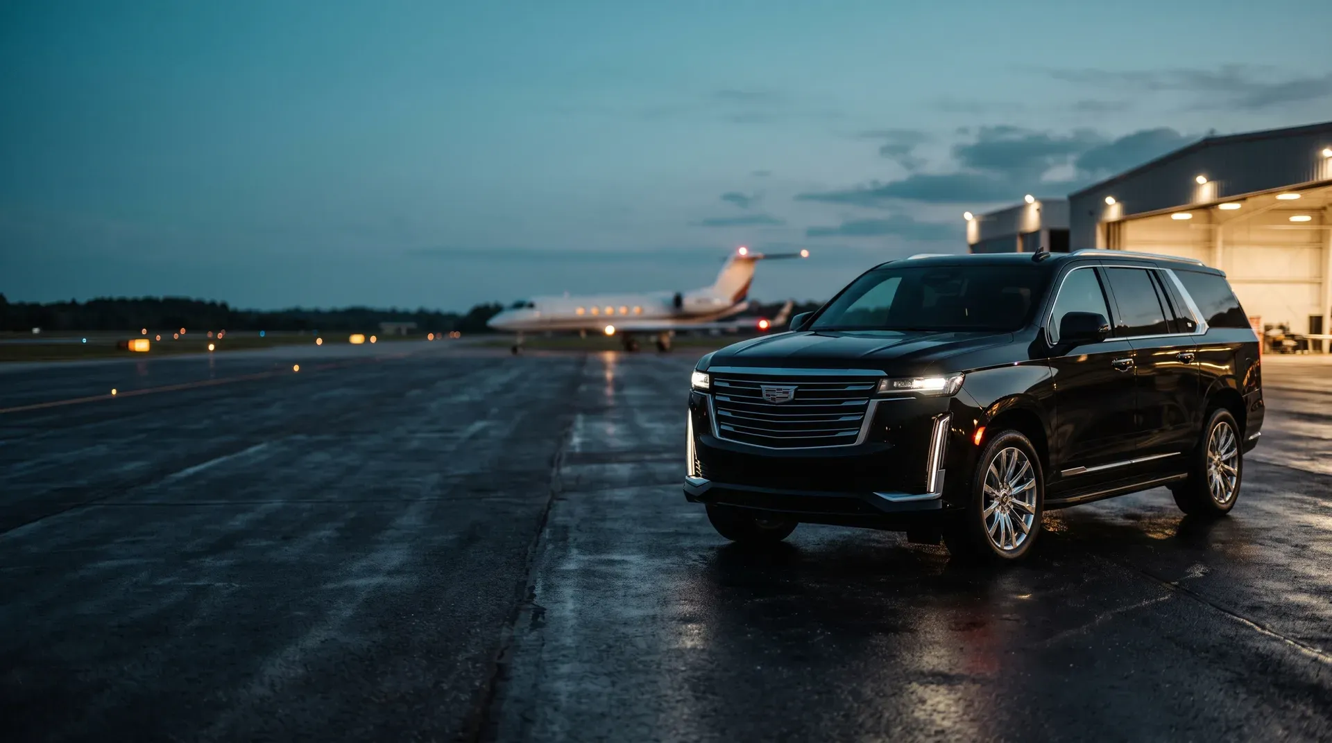 Black Cadillac Escalade ESV staged on a private-jet ramp at dusk for a Teterboro FBO transfer