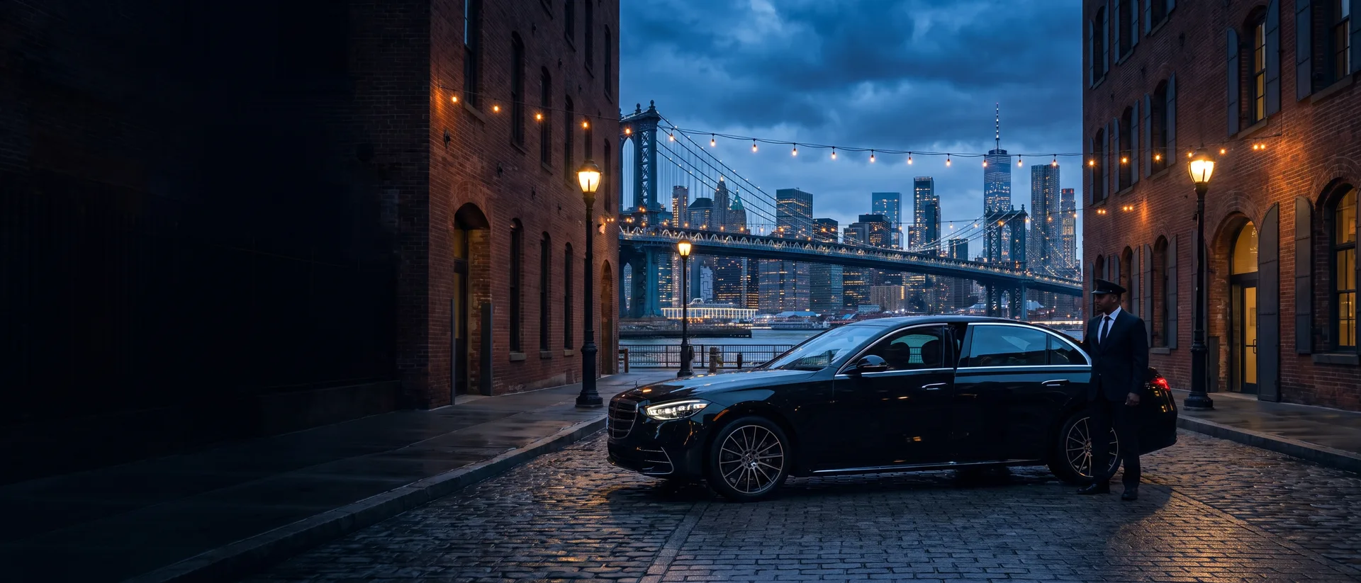 Chauffeured Mercedes S-Class in DUMBO, Brooklyn, with the Manhattan Bridge and skyline behind it
