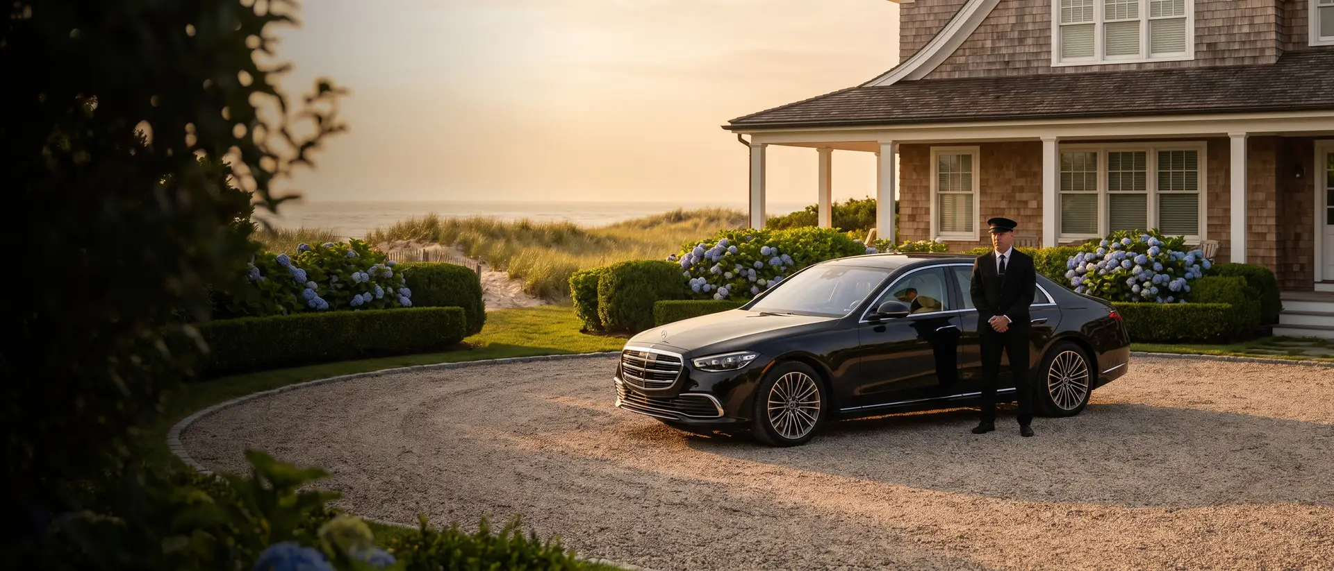 Chauffeured Mercedes S-Class in the driveway of a shingle-style Hamptons beach estate at sunset
